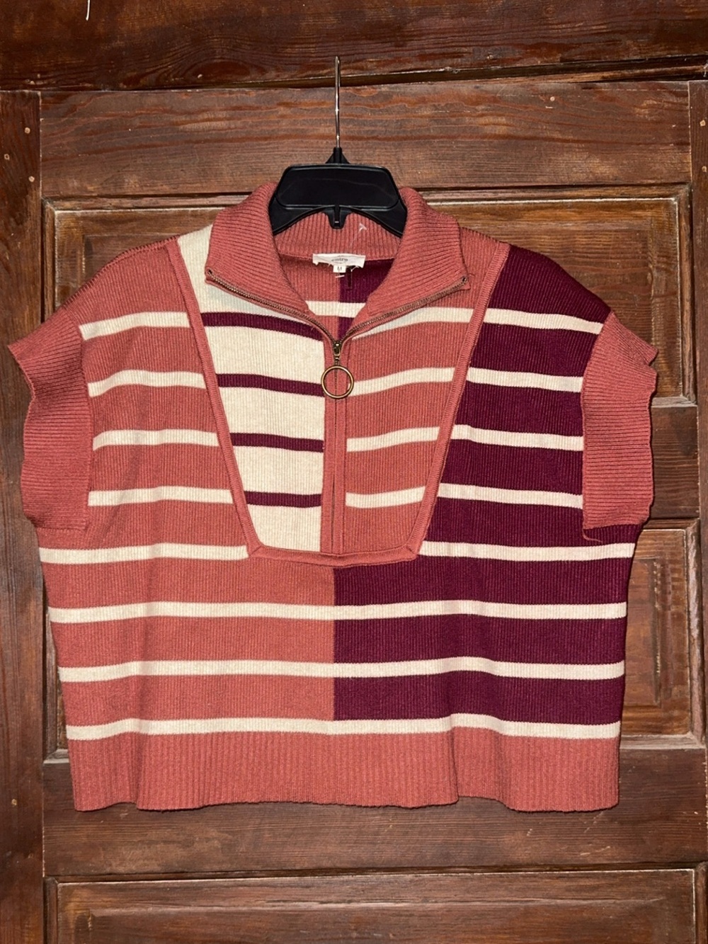 entro Striped Half-Zip Turtleneck Sweater in Rose, Cream & Burgundy